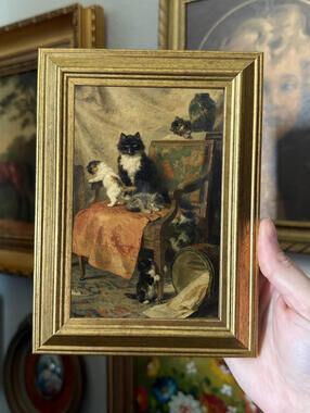 Vintage Mom & Kitties on Chair Art Print Framed